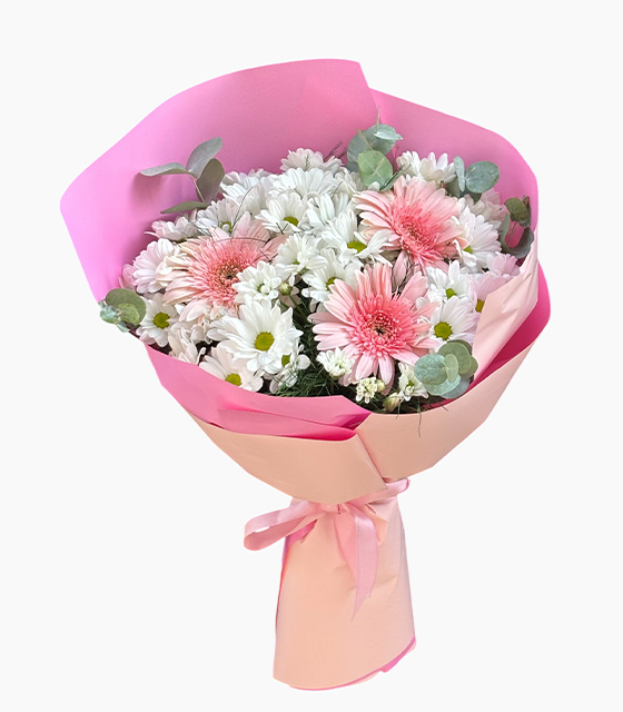 Pembe Gerbera ve Beyaz Papatya Buketi