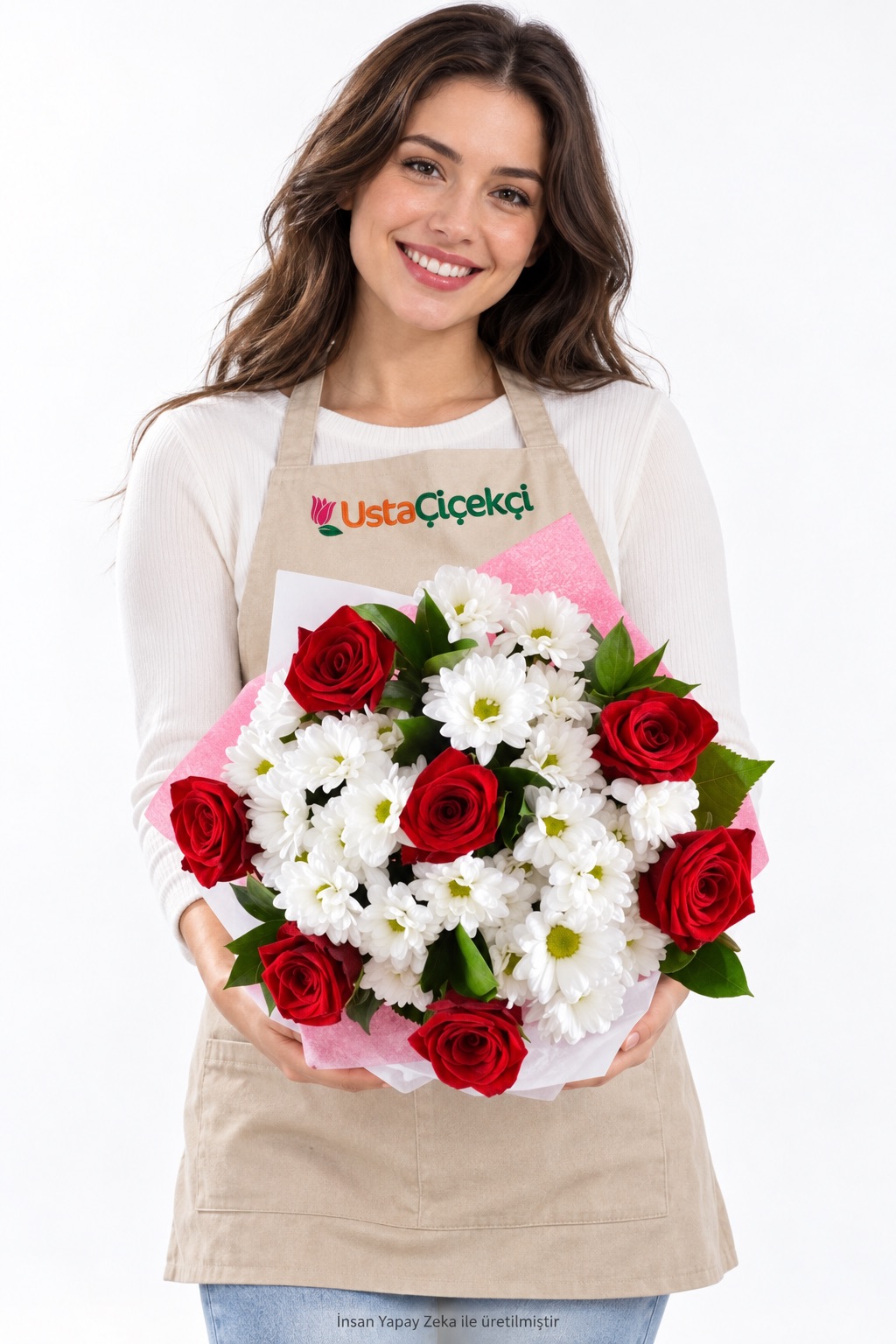 Romantik Bahçe Gül ve Beyaz Çiçek Buketi